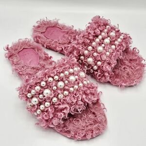 Pink Fuzzy Pearl Embellished Women's Slides